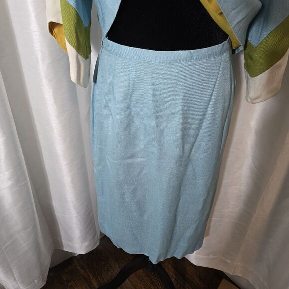 True Vintage 60s Skirt Suit Julie Miller Blouse Skirt Set 15/16 Womens Blue Gree - Picture 3 of 16